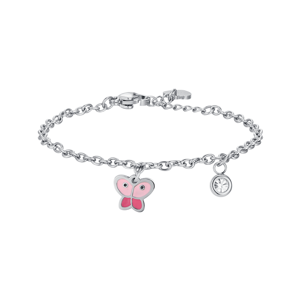 BRACELET PAPILLON EN ACIER AVEC ÉMAIL ROSE ET CRISTAL BLANC