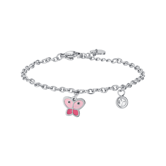 BRACELET PAPILLON EN ACIER AVEC ÉMAIL ROSE ET CRISTAL BLANC