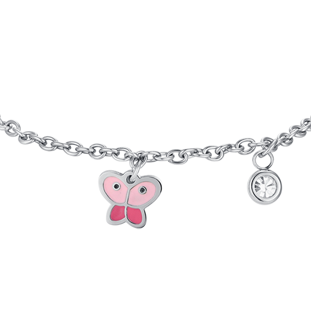 BRACELET PAPILLON EN ACIER AVEC ÉMAIL ROSE ET CRISTAL BLANC