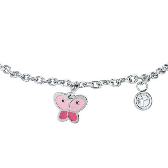 BRACELET PAPILLON EN ACIER AVEC ÉMAIL ROSE ET CRISTAL BLANC