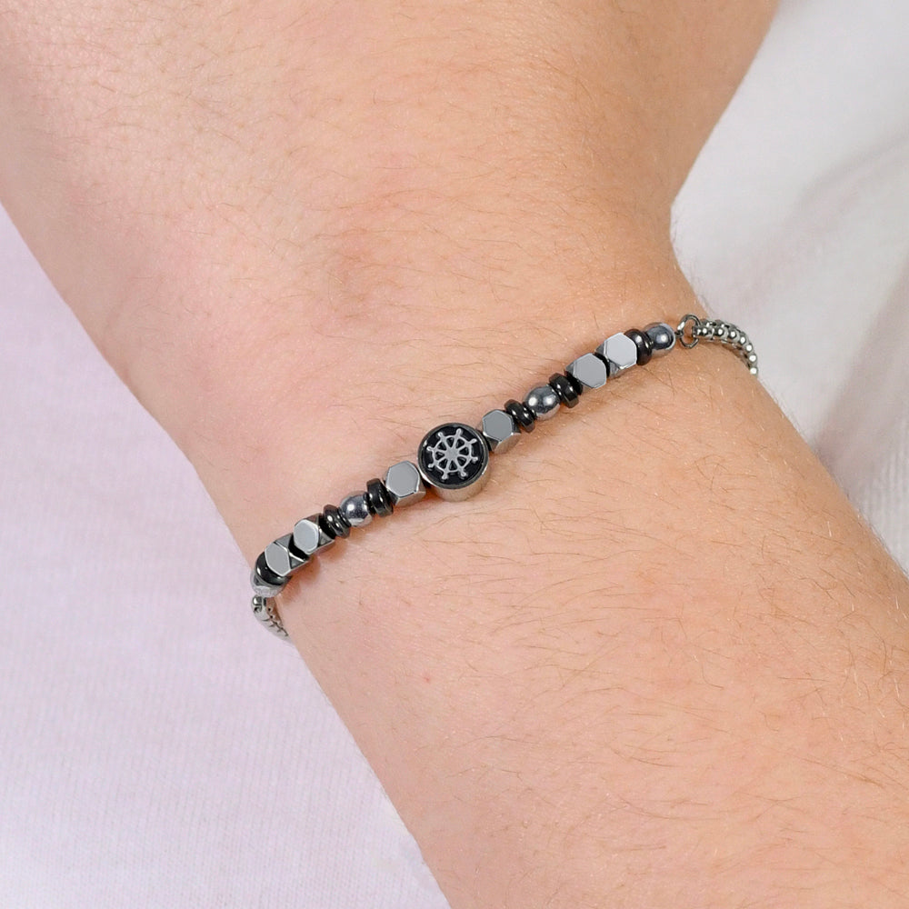 BRACELET BÉBÉ EN ACIER AVEC HÉMATITE GRISE ET SAFRAN