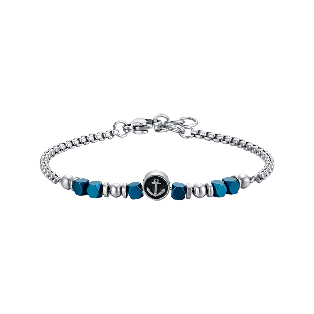 BRACELET BÉBÉ EN ACIER AVEC HÉMATITE BLEUE ET ANCRE