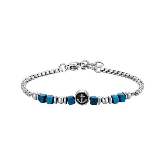 BRACELET BÉBÉ EN ACIER AVEC HÉMATITE BLEUE ET ANCRE