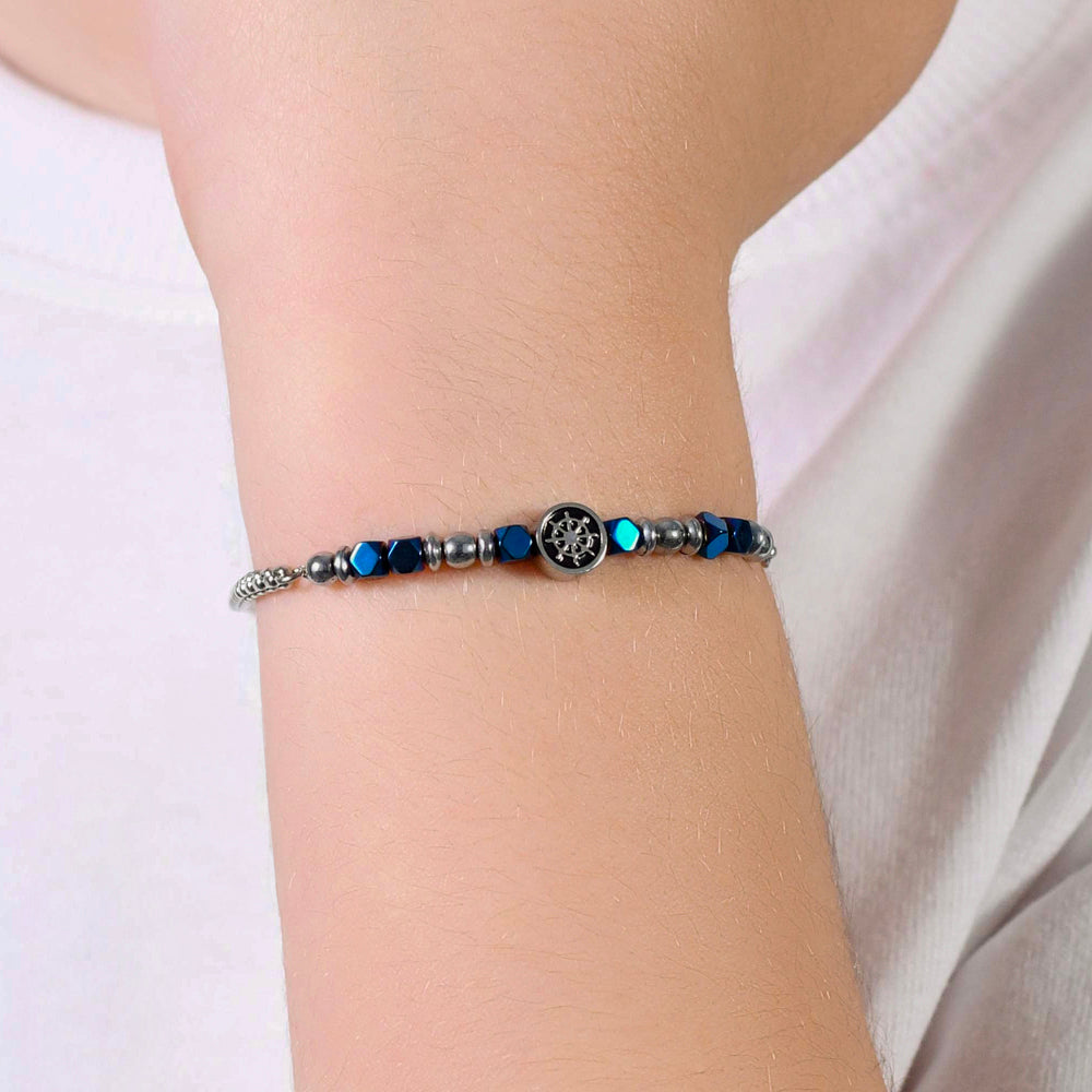 BRACELET BÉBÉ EN ACIER AVEC HÉMATITE BLEUE ET SAFRAN