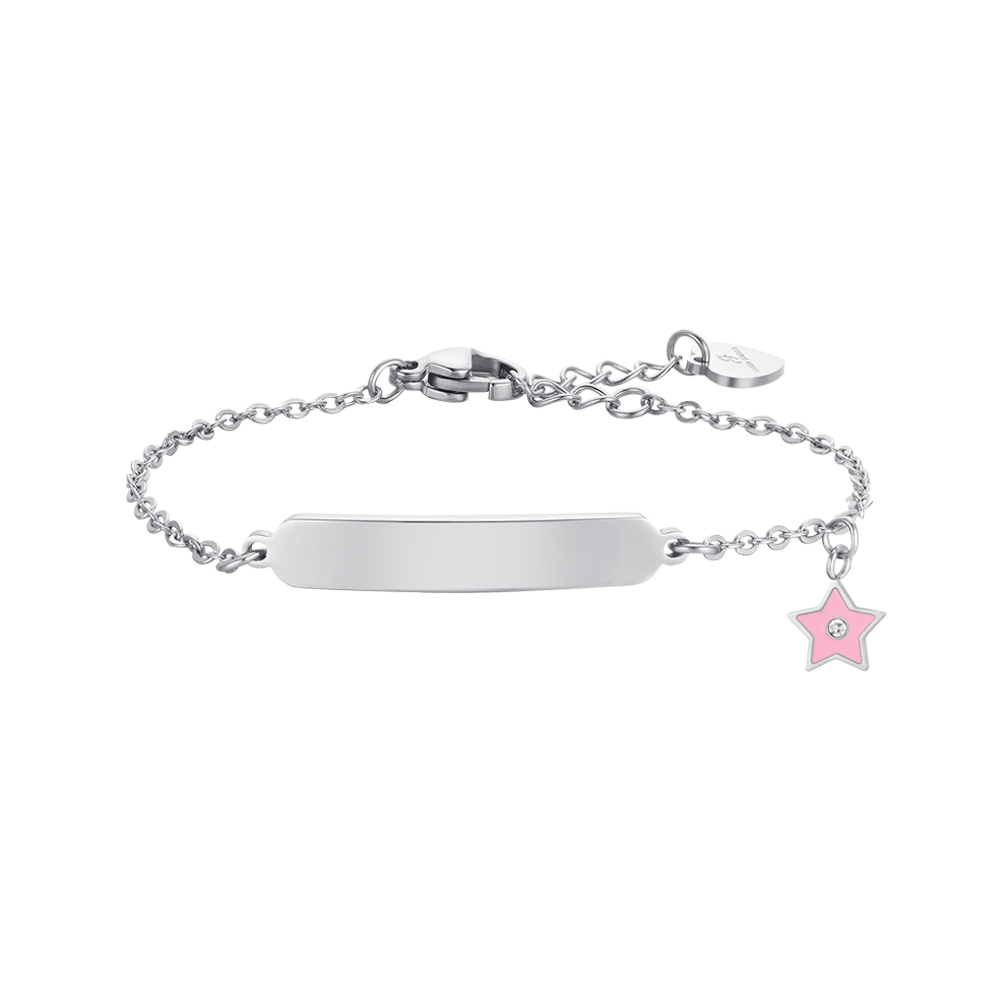 BRACELET FILLE EN ACIER ET PLAQUE ÉMAILLÉE ROSE