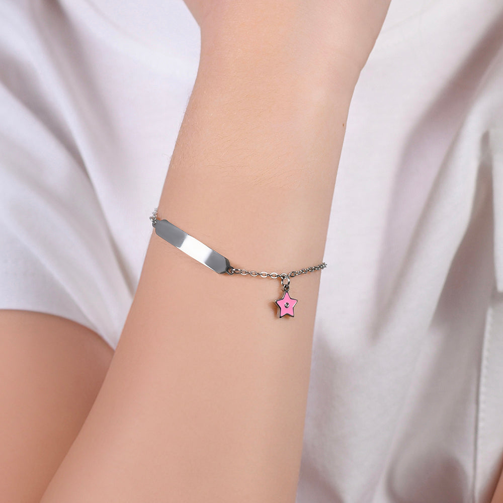 BRACELET FILLE EN ACIER ET PLAQUE ÉMAILLÉE ROSE