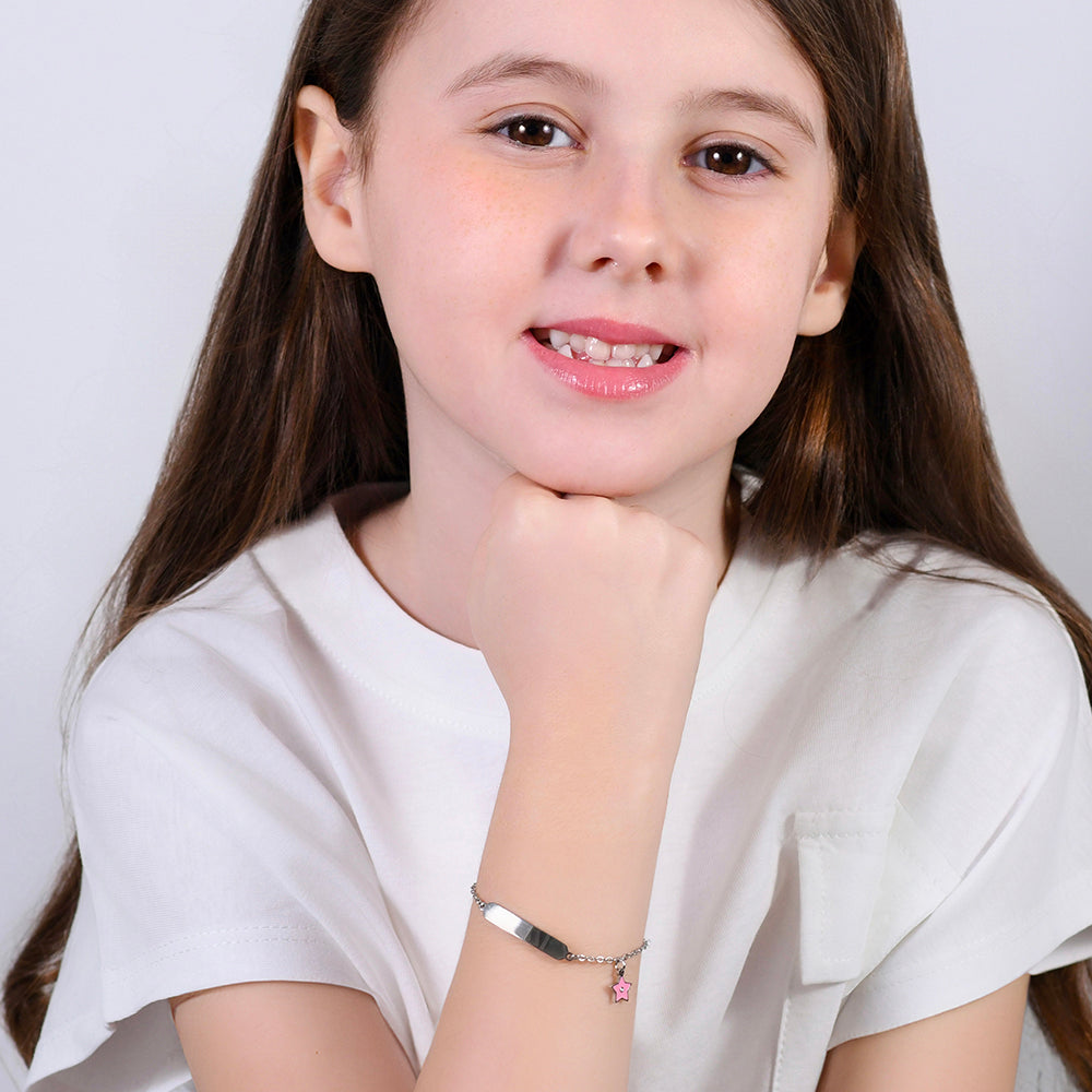 BRACELET FILLE EN ACIER ET PLAQUE ÉMAILLÉE ROSE