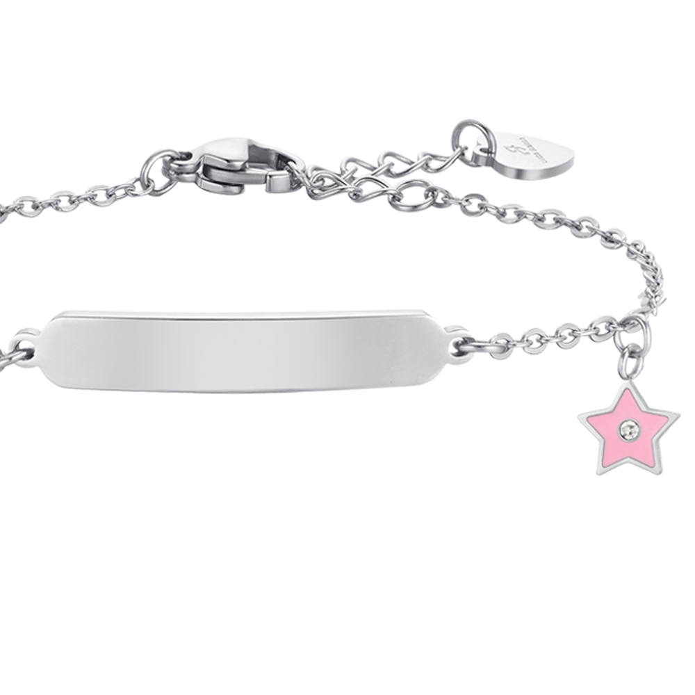 BRACELET FILLE EN ACIER ET PLAQUE ÉMAILLÉE ROSE