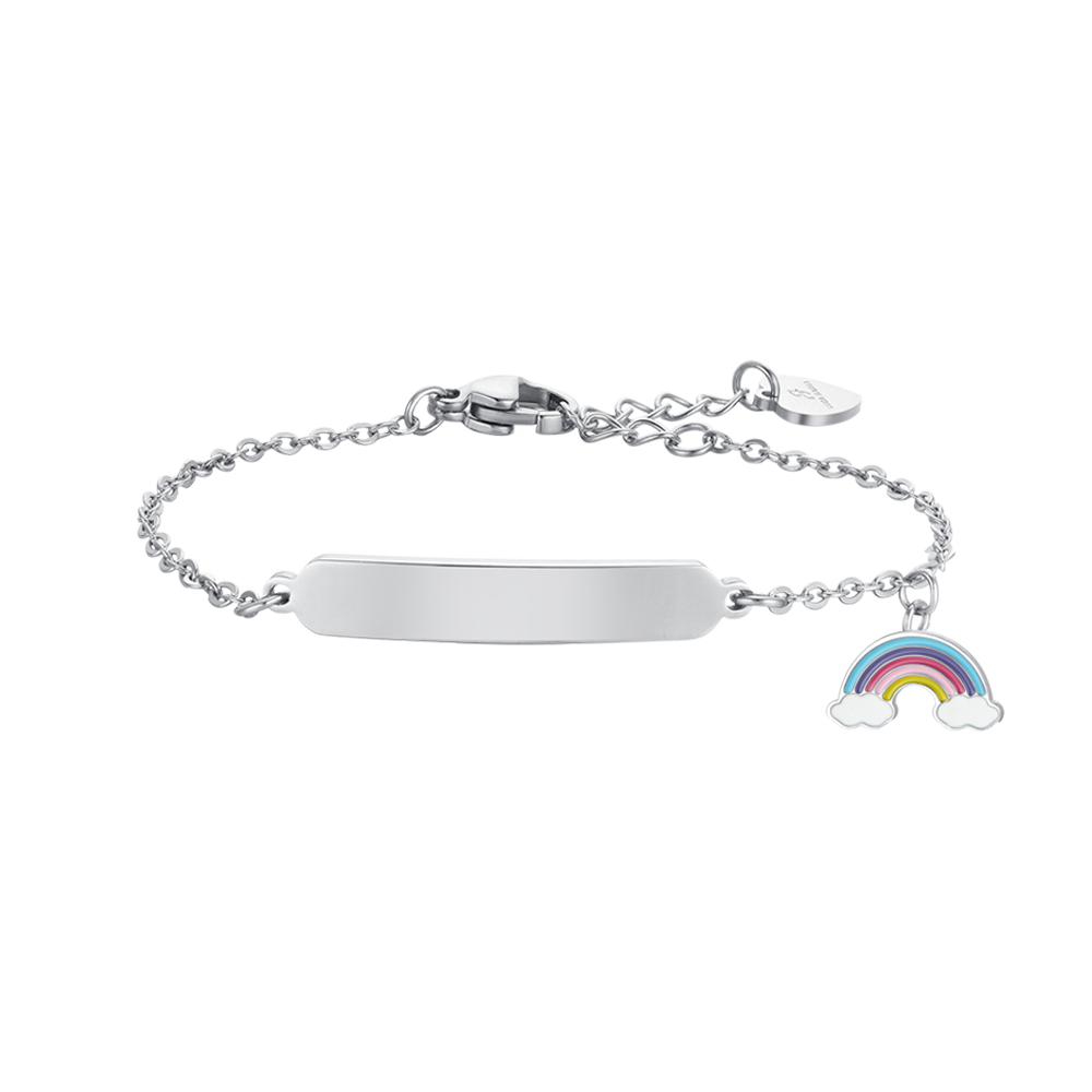 BRACELET FILLE EN ACIER AVEC ARC-EN-CIEL ET PLAQUE