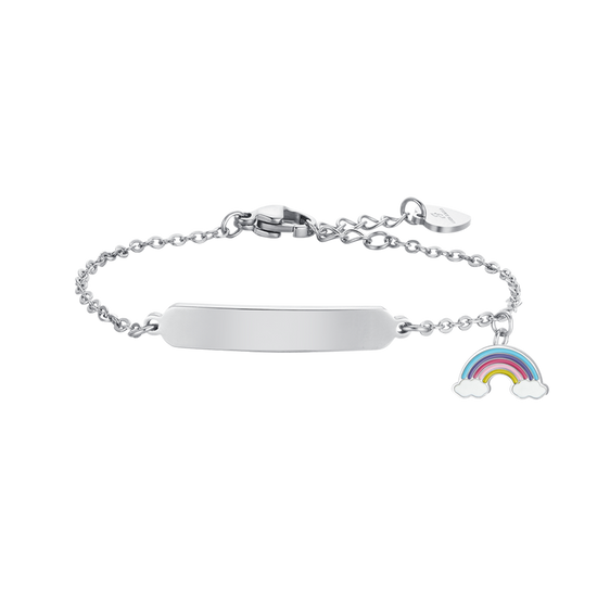 BRACELET FILLE EN ACIER AVEC ARC-EN-CIEL ET PLAQUE