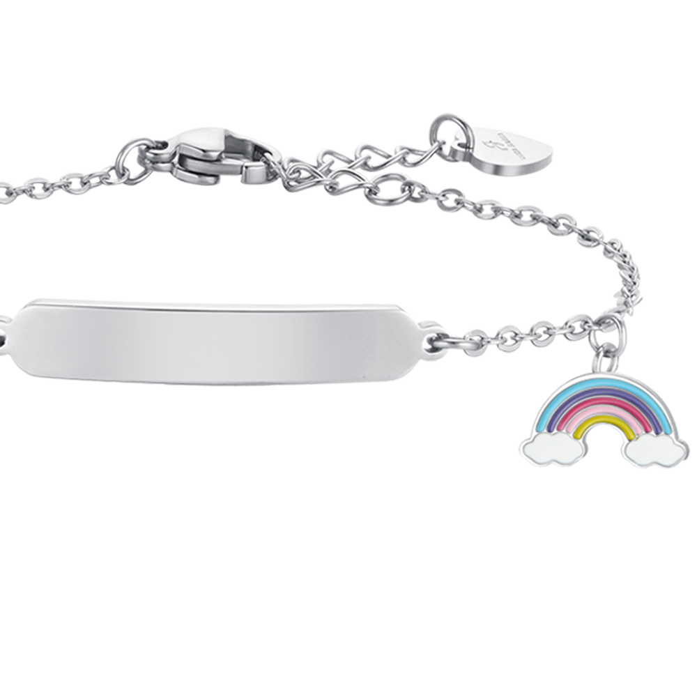 BRACELET FILLE EN ACIER AVEC ARC-EN-CIEL ET PLAQUE