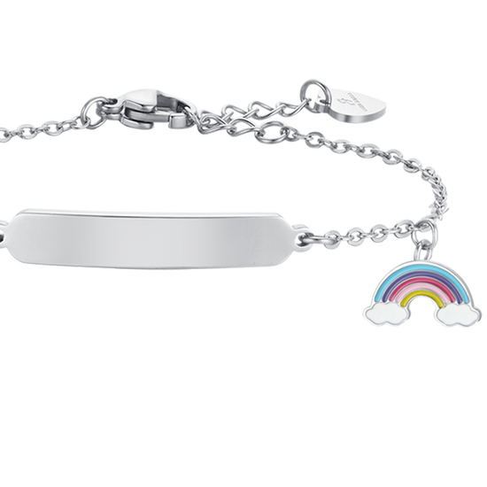 BRACELET FILLE EN ACIER AVEC ARC-EN-CIEL ET PLAQUE