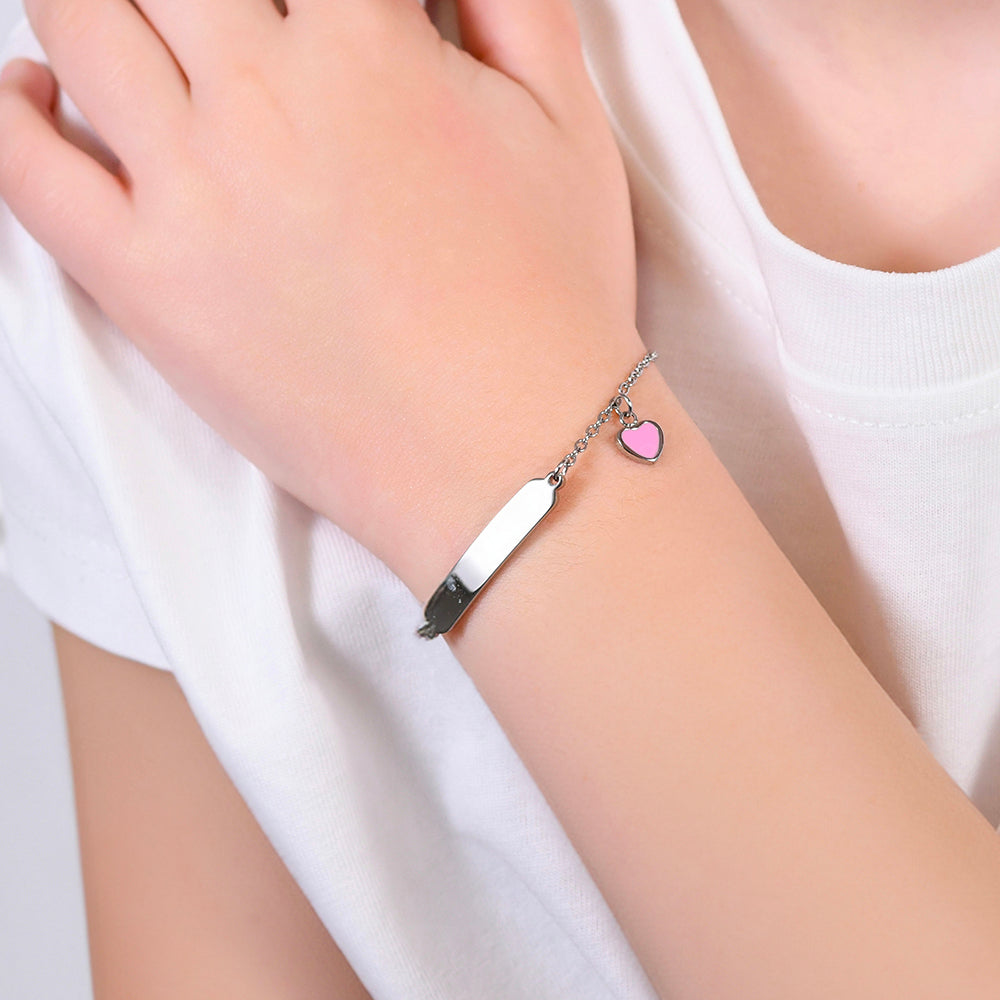 BRACELET FILLE EN ACIER AVEC COEUR ET PLAQUE