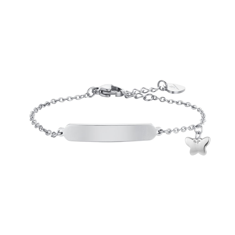 BRACELET FILLE EN ACIER AVEC PAPILLONS ET PLAQUE