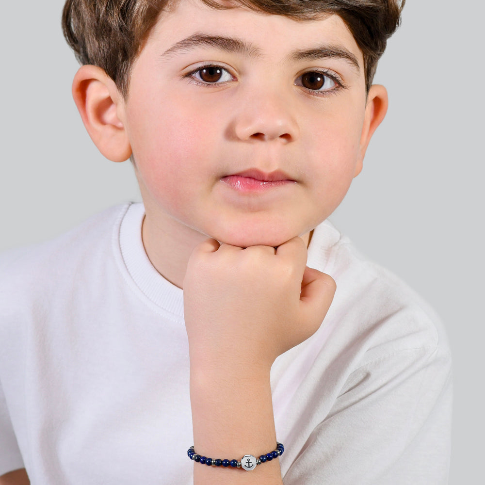 BRACELET BÉBÉ ANCRE EN ACIER AVEC PIERRES BLEUES