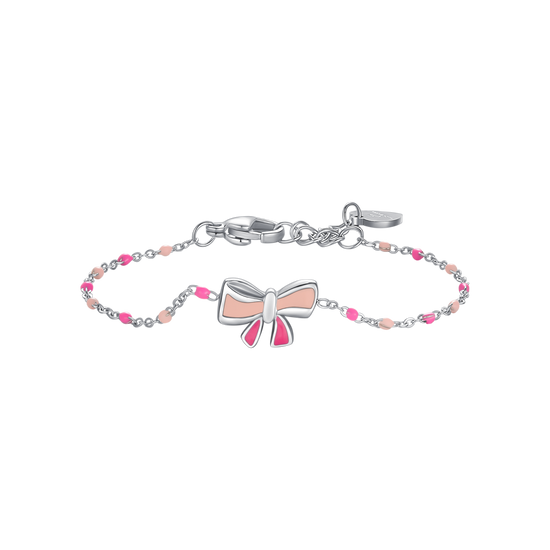 BRACCIALE IN ACCIAO, FIOCCO CON SMALTO ROSA E FUCSIA E PIETRE COLORATE