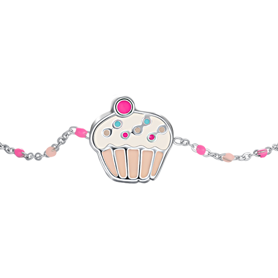 BRACCIALE IN ACCIAIO, CUPCAKE CON SMALTO ROSA E FUCSIA E PIETRE COLORATE