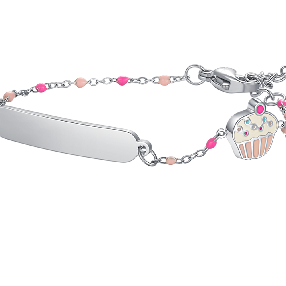 BRACCIALE IN ACCIAO, PIASTRA CON SMALTO ROSA E FUCSIA E PIETRE COLORATE