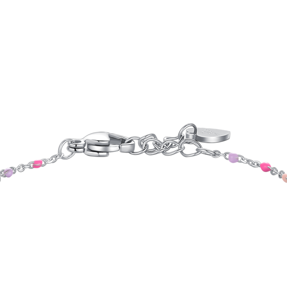 BRACCIALE IN ACCIAIO, PIASTRA E CAVALLO A DONDOLO CON SMALTO ROSA E FUCSIA E PIE