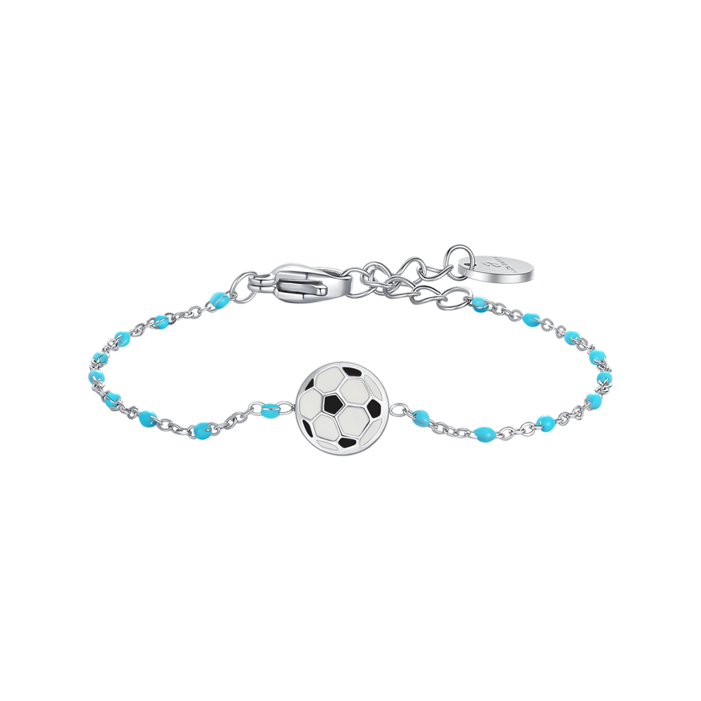 BRACCIALE IN ACCIAIO CON PALLONE E PIETRE BIANCHE E AZZURRE