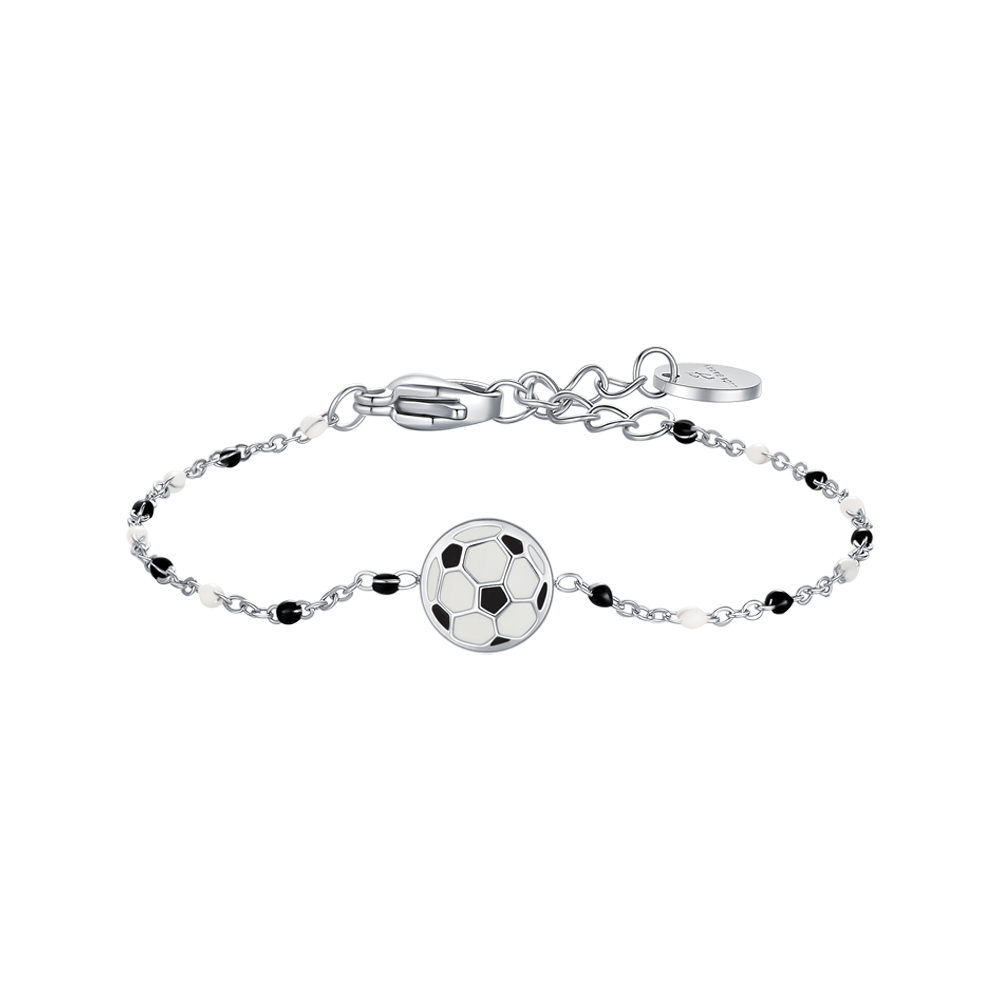 BRACCIALE IN ACCIAIO CON PALLONE E PIETRE NERE E BIANCHE