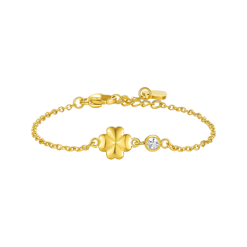 BRACCIALE IN ACCIAIO E IP GOLD CON QUADRIFOGLIO E CRISTALLO BIANCO