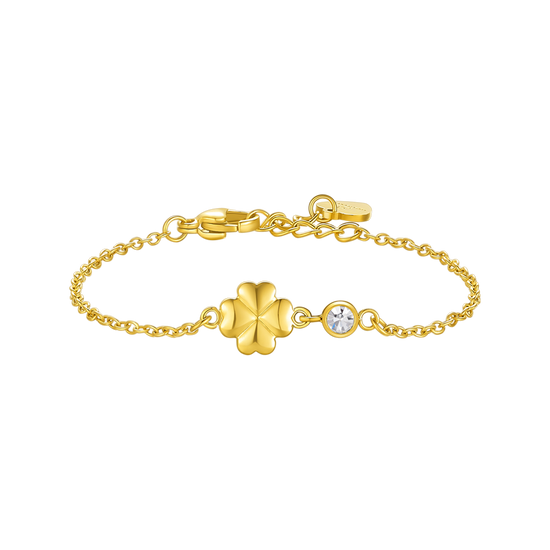 BRACCIALE IN ACCIAIO E IP GOLD CON QUADRIFOGLIO E CRISTALLO BIANCO