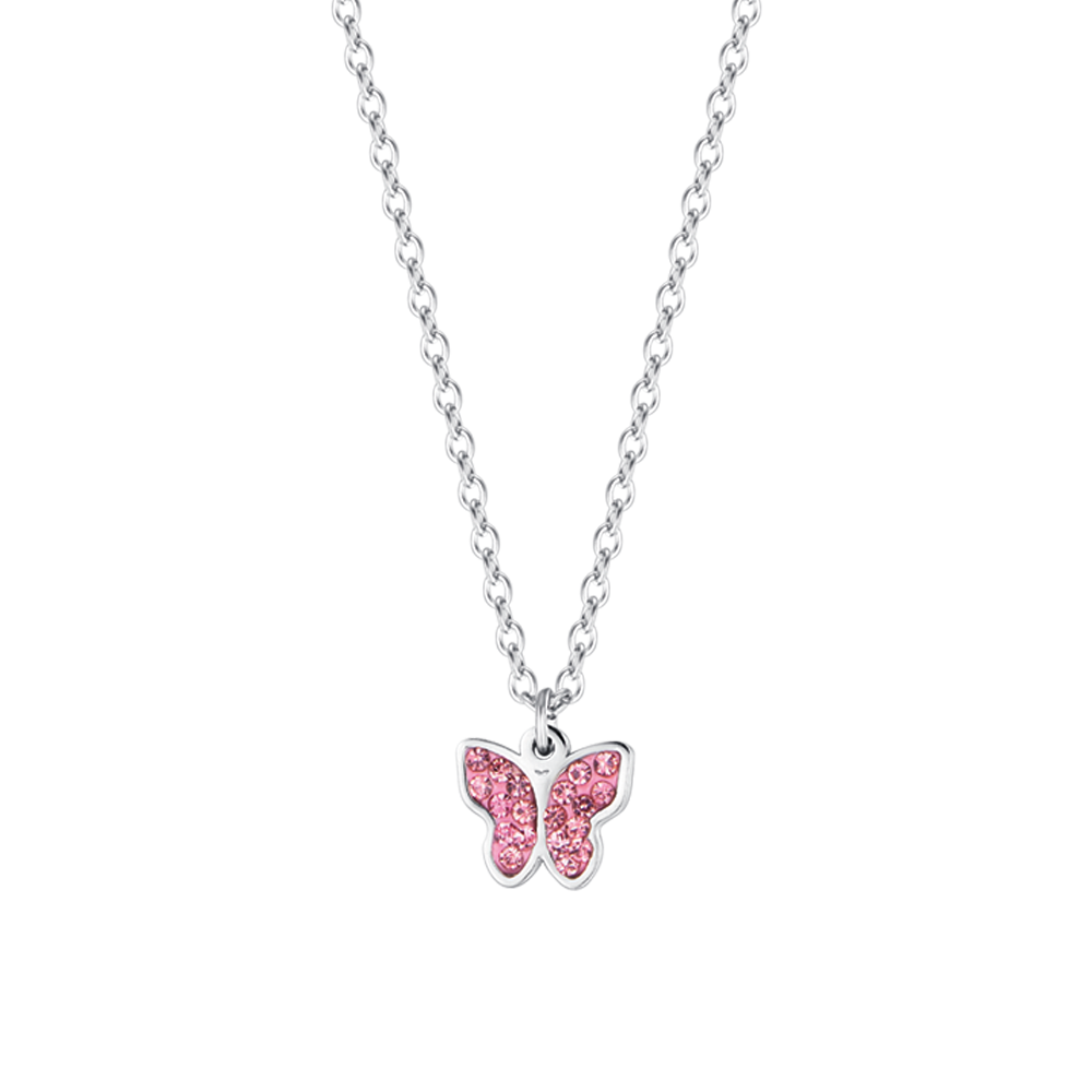 COLLIER EN ACIER POUR FILLE AVEC PAPILLON ET CRISTAUX ROSES