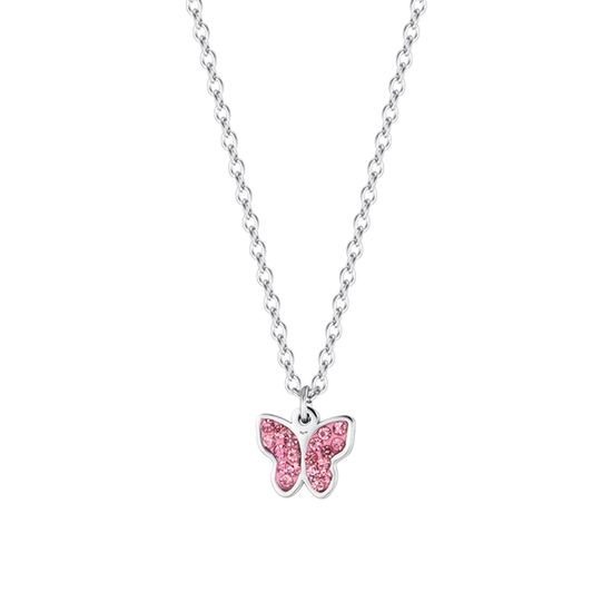 COLLIER EN ACIER POUR FILLE AVEC PAPILLON ET CRISTAUX ROSES