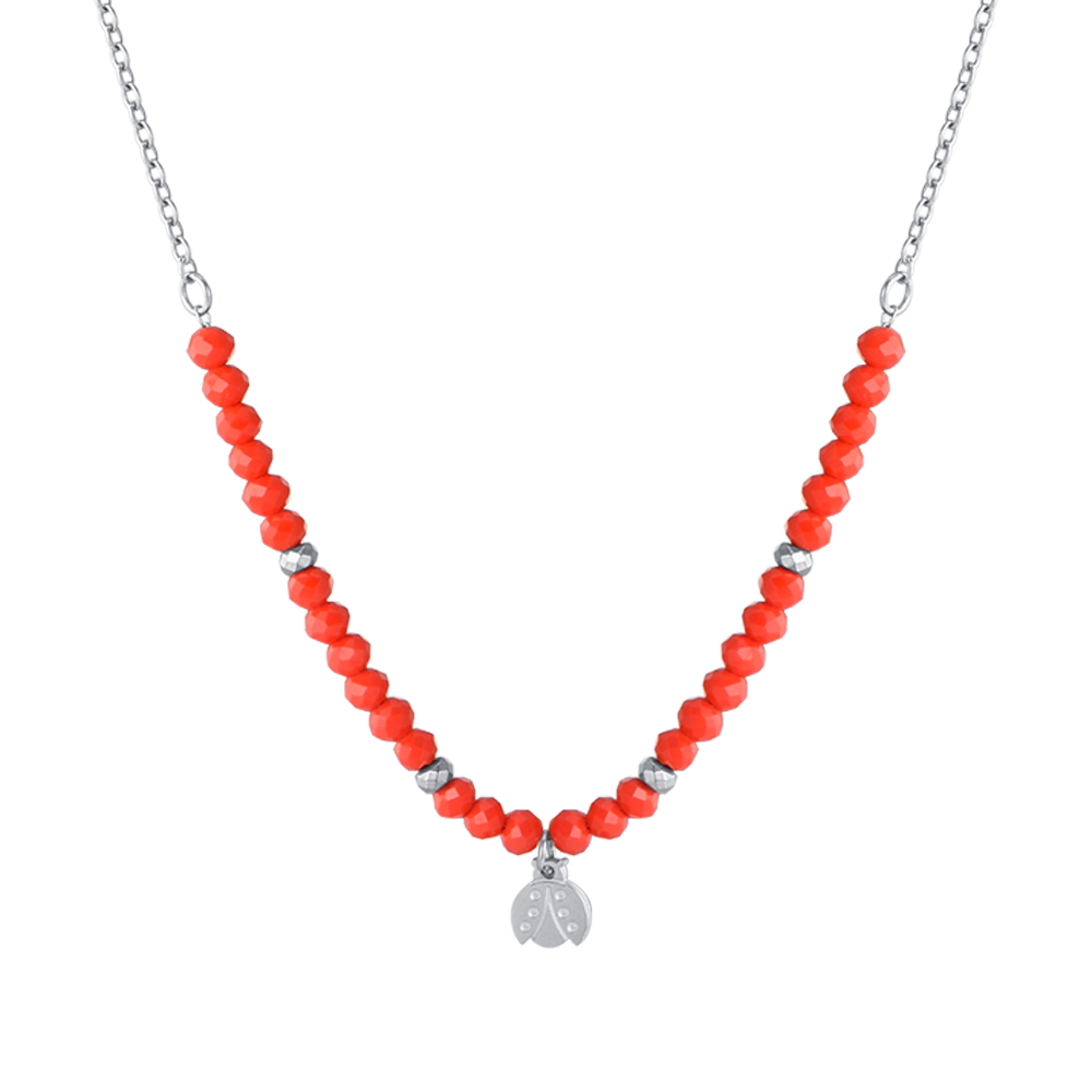 COLLIER POUR FILLE EN ACIER AVEC PIERRES ROUGES ET COCCINELLE