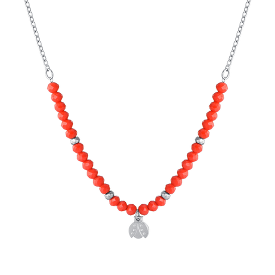 COLLIER POUR FILLE EN ACIER AVEC PIERRES ROUGES ET COCCINELLE