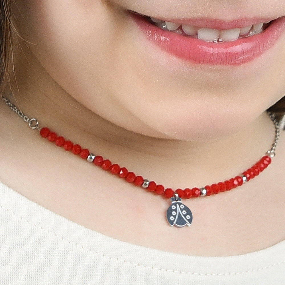 COLLIER POUR FILLE EN ACIER AVEC PIERRES ROUGES ET COCCINELLE