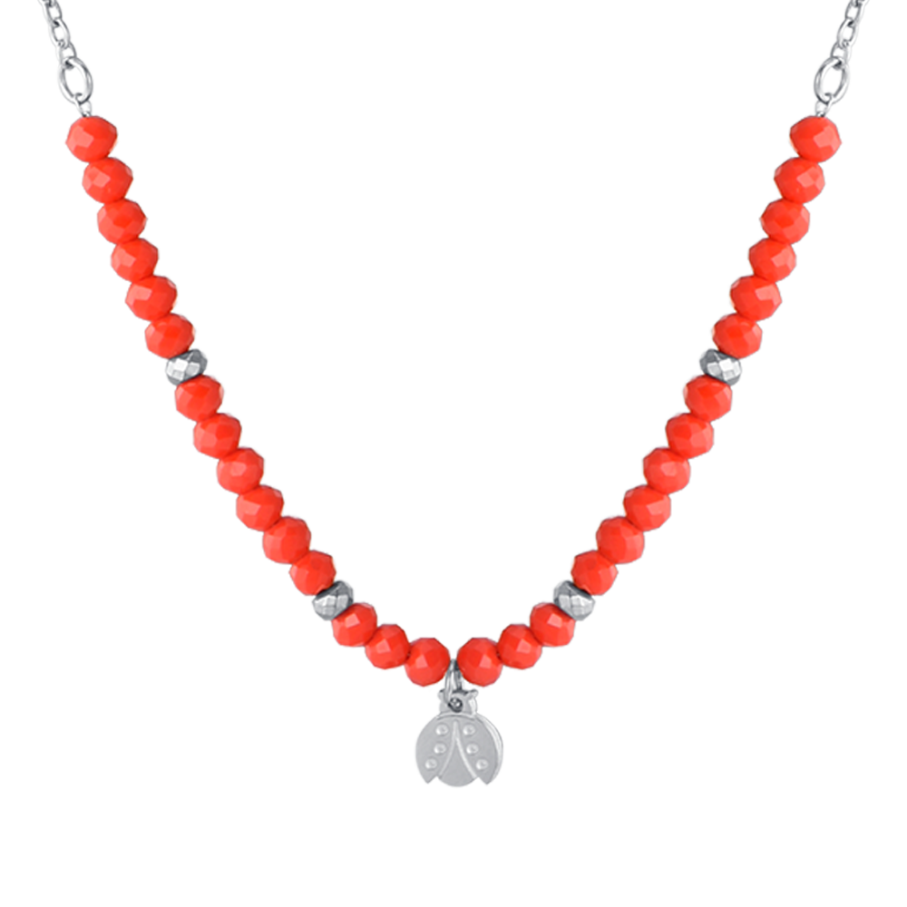 COLLIER POUR FILLE EN ACIER AVEC PIERRES ROUGES ET COCCINELLE