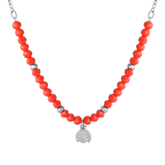 COLLIER POUR FILLE EN ACIER AVEC PIERRES ROUGES ET COCCINELLE