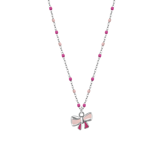 COLLANA IN ACCIAIO, FIOCCO CON SMALTO ROSA E FUCSIA E PIETRE COLORATE