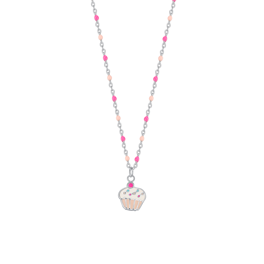 COLLANA IN ACCIAIO, CUPCAKE CON SMALTO ROSA E FUCSIA E PIETRE COLORATE