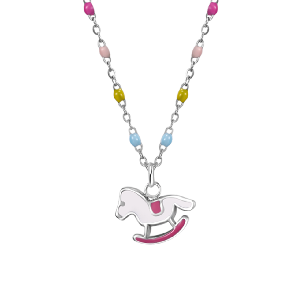 COLLANA IN ACCIAIO, CAVALLO A DONDOLO CON SMALTO ROSA E FUCSIA E PIETRE COLORATE