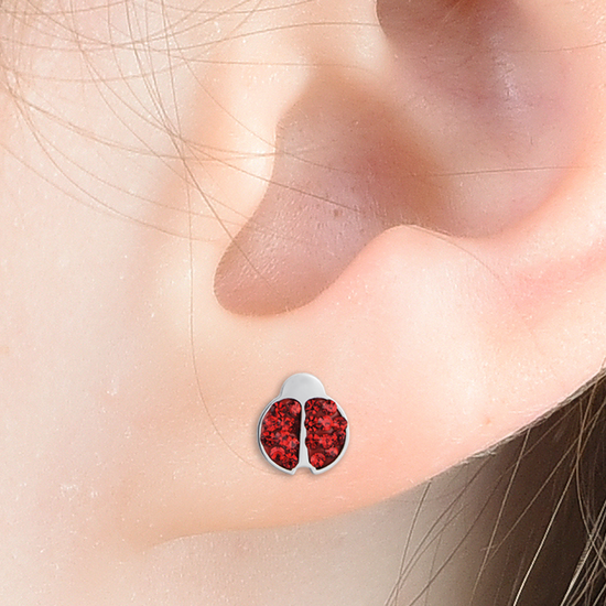 BOUCLES D'OREILLES EN ACIER POUR FILLE AVEC COCCINELLE ET CRISTAUX ROUGES