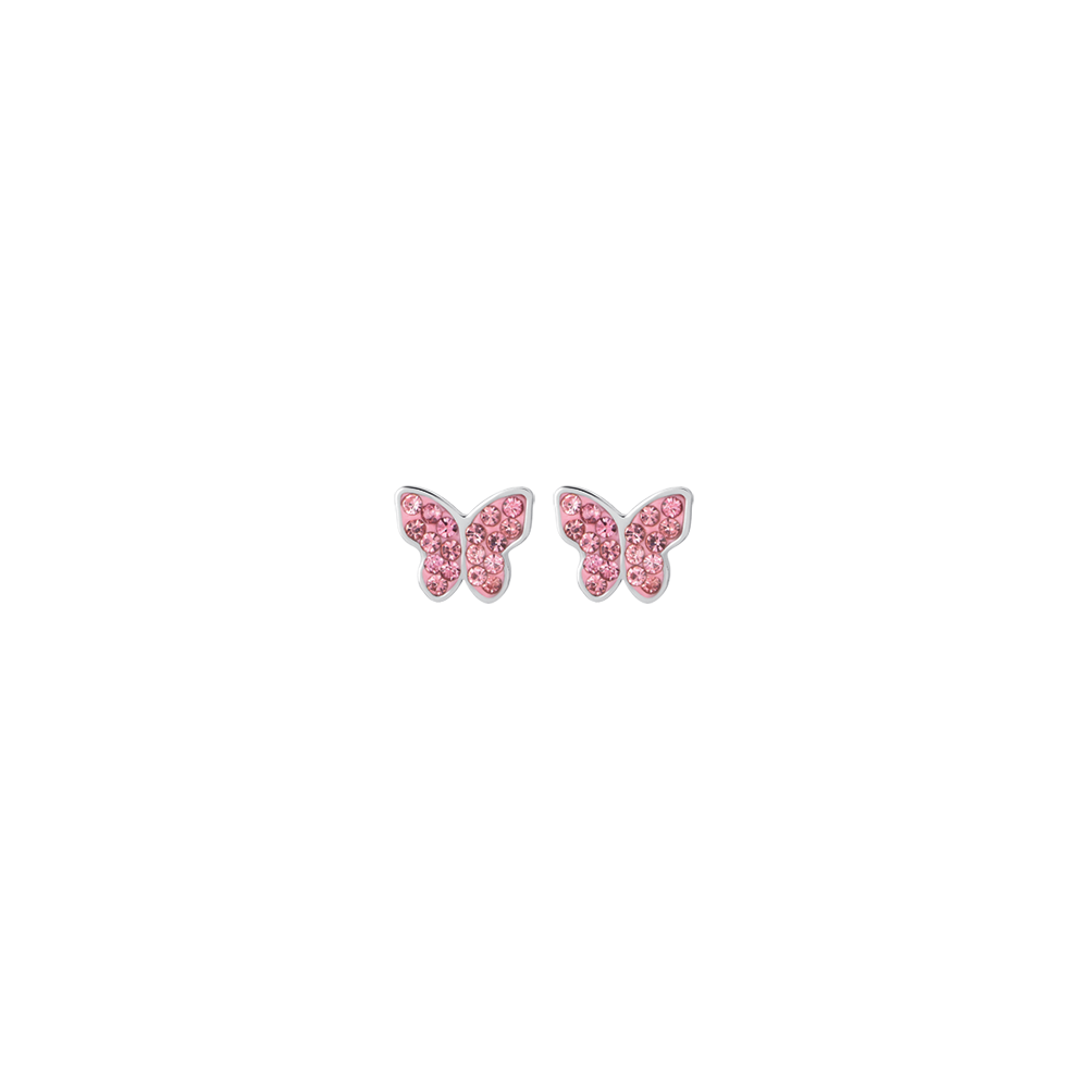 BOUCLES D'OREILLES FILLE EN ACIER AVEC PAPILLON ET CRISTAUX ROSES