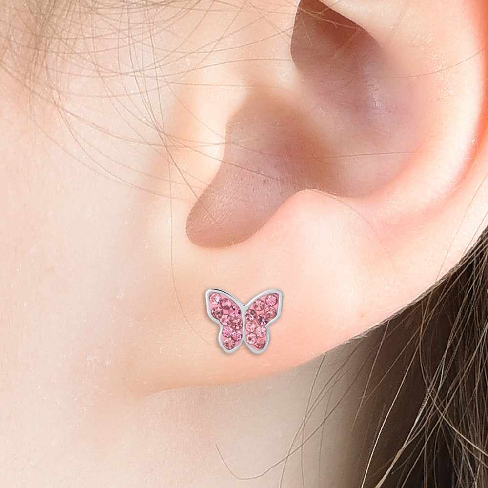 BOUCLES D'OREILLES FILLE EN ACIER AVEC PAPILLON ET CRISTAUX ROSES