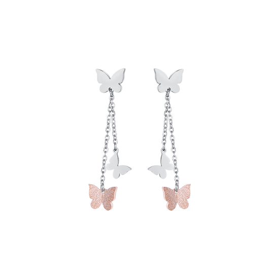 BOUCLES D'OREILLES EN ACIER AVEC PAPILLON ET PAILLETTES IP ROSE