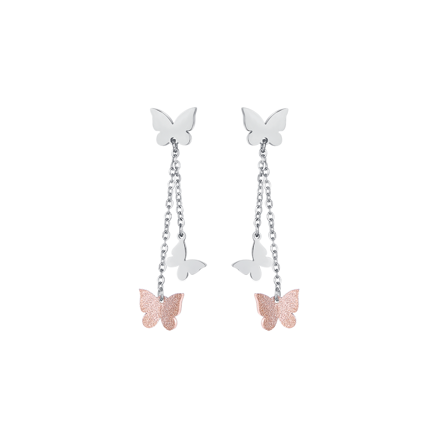 BOUCLES D'OREILLES EN ACIER AVEC PAPILLON ET PAILLETTES IP ROSE