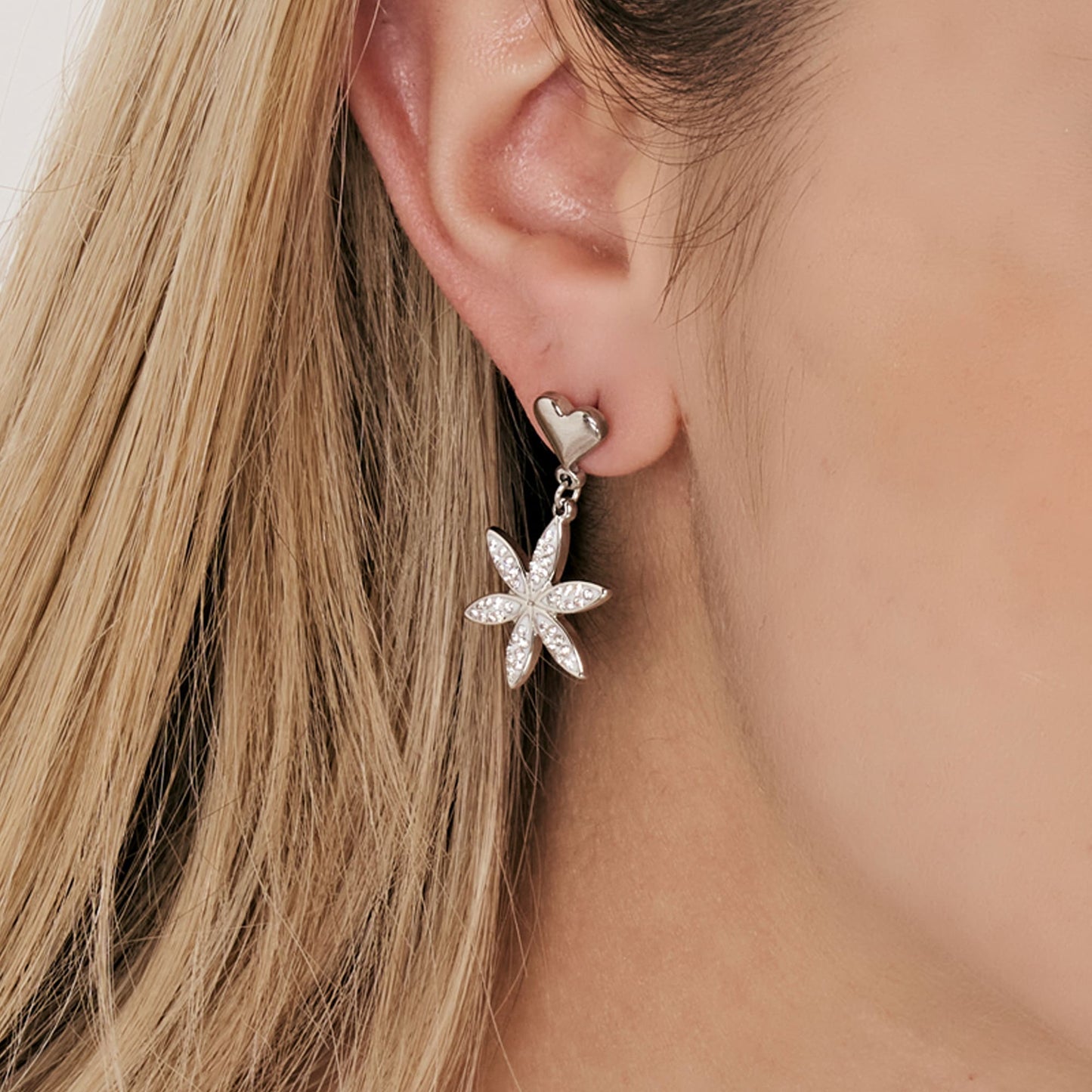 BOUCLES D'OREILLES FEMME EN ACIER FLEUR DE VIE AVEC CRISTAUX BLANCS