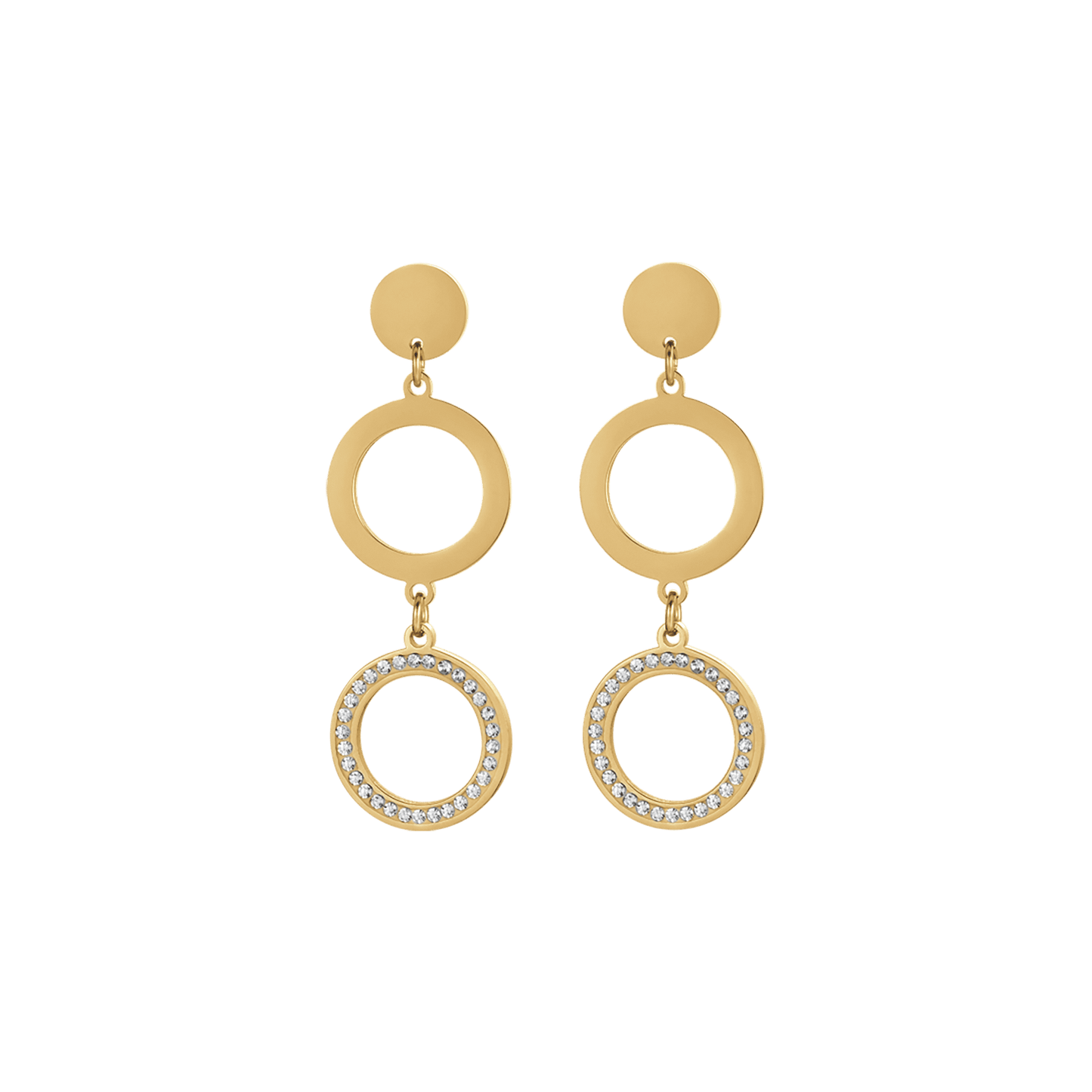 BOUCLES D'OREILLES FEMMES EN ACIER DORÉ AVEC PENDENTIF EN CRISTAUX BLANCS