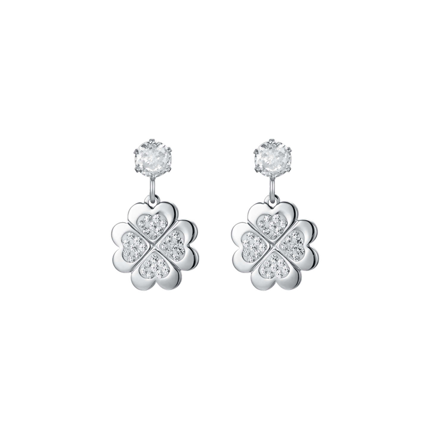 BOUCLES D'OREILLES POUR FEMMES EN ACIER AVEC TRÈFLES À QUATRE FEUILLES AVEC CRISTAUX BLANCS