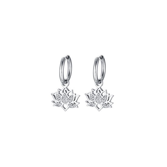 BOUCLES D'OREILLES EN ACIER POUR DAMES AVEC FLEUR DE LOTUS ET CRISTAUX BLANCS