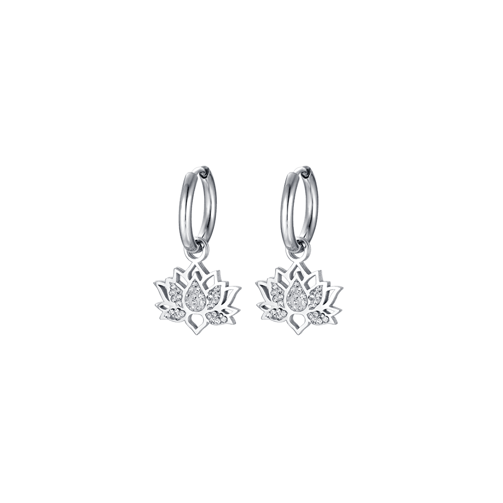 BOUCLES D'OREILLES EN ACIER POUR DAMES AVEC FLEUR DE LOTUS ET CRISTAUX BLANCS