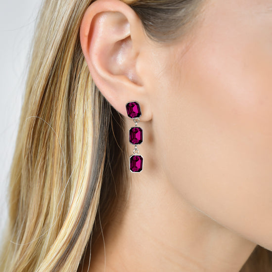 BOUCLES D'OREILLES EN ACIER POUR FEMMES AVEC CRISTAUX FUCHSIA