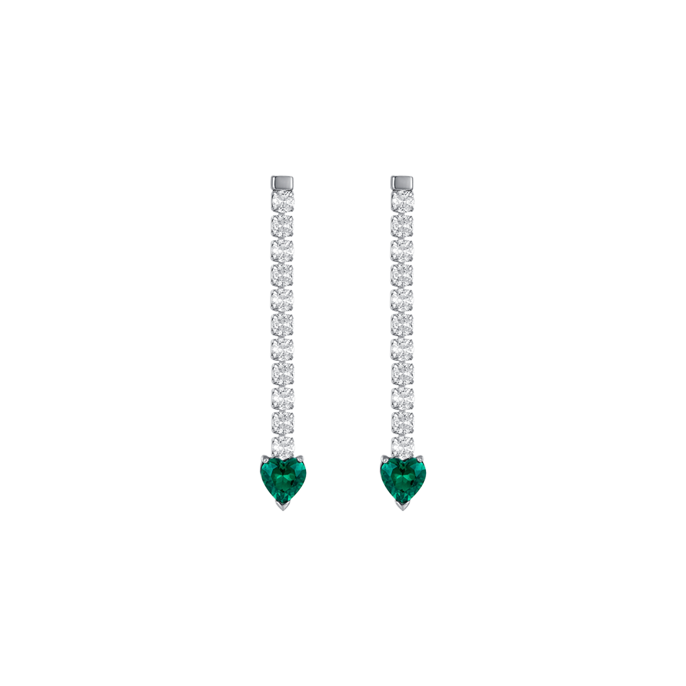 BOUCLES D'OREILLES TENNIS EN ACIER POUR FEMMES AVEC CRISTAUX BLANCS ET CŒURS EN CRISTAL VERT