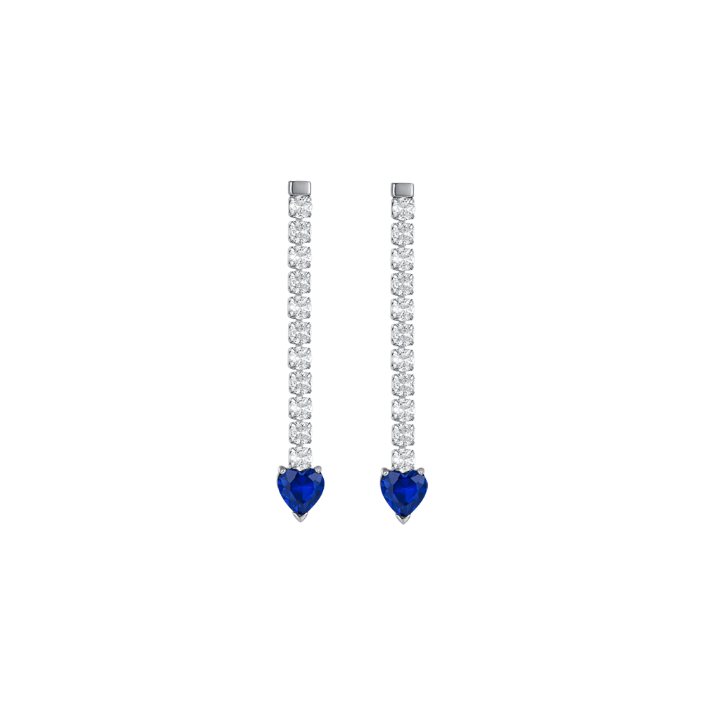 BOUCLES D'OREILLES TENNIS EN ACIER POUR FEMMES AVEC CRISTAUX BLANCS ET CŒURS EN CRISTAL BLEU